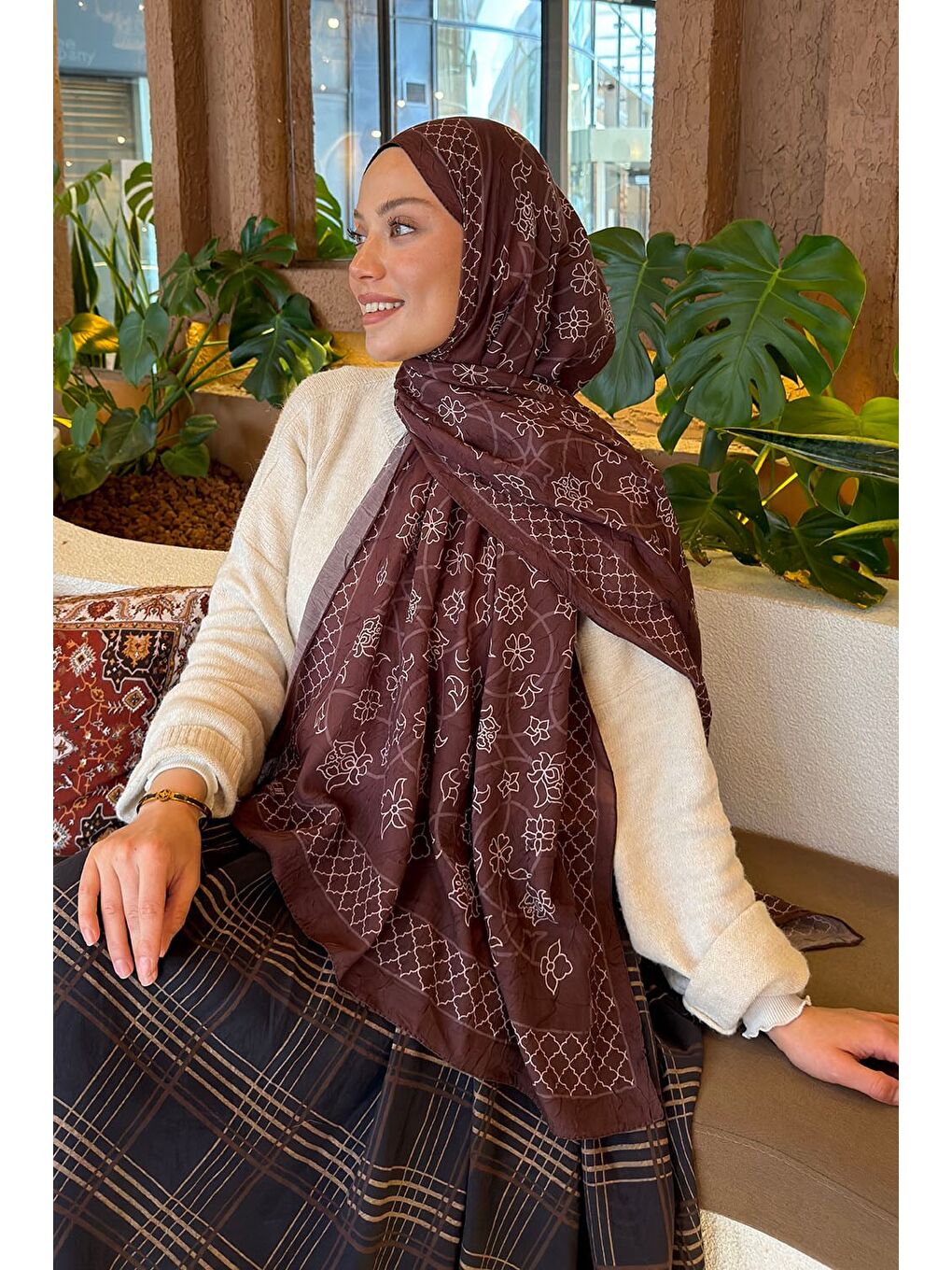 Geometrik Desen Bambu Şal Kahverengi-2