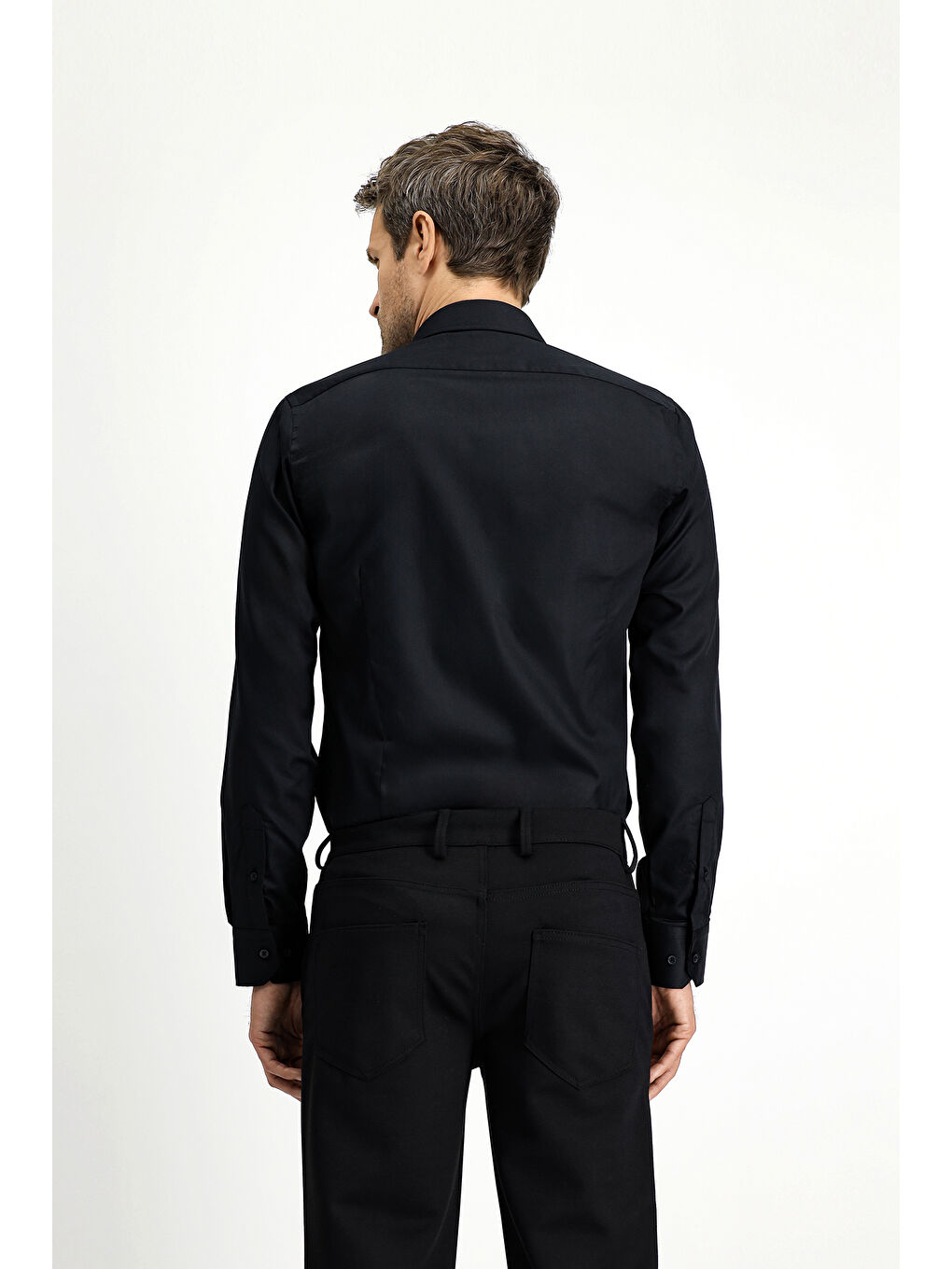 Siyah Uzun Kol Slim Fit Dar Kesim Klasik Non Iron Pamuklu Gömlek-2