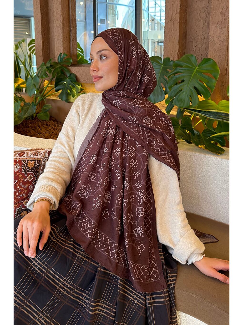 Geometrik Desen Bambu Şal Kahverengi-3