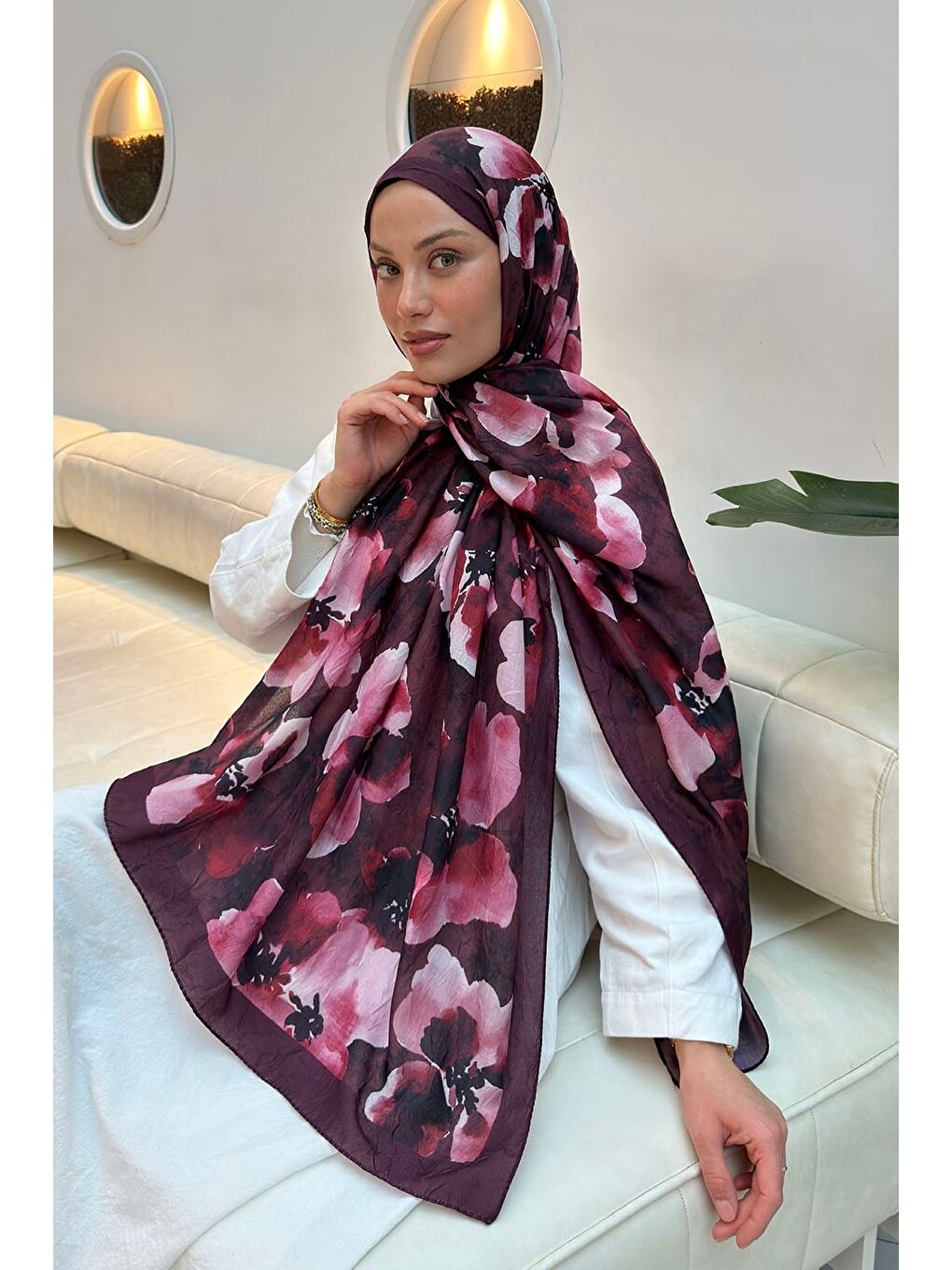 Batik Çiçek Desen Bambu Şal Bordo-1