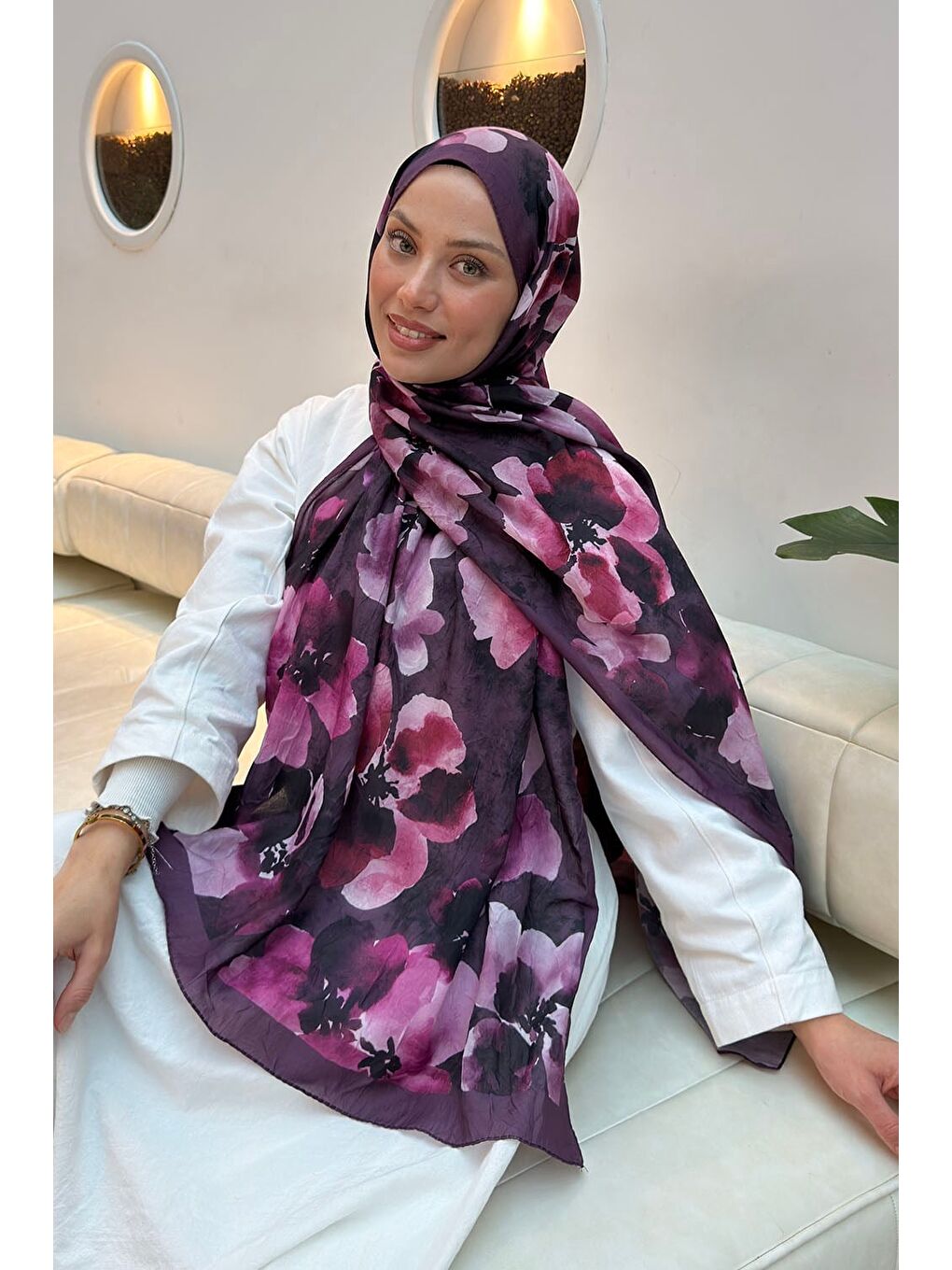 Batik Çiçek Desen Bambu Şal Mürdüm