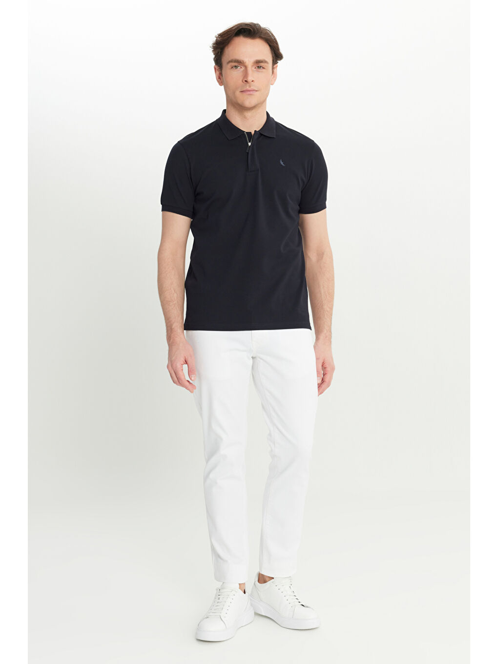 Erkek Lacivert Pamuklu Slim Fit Dar Kesim Polo Yaka Esnek Tişört-1