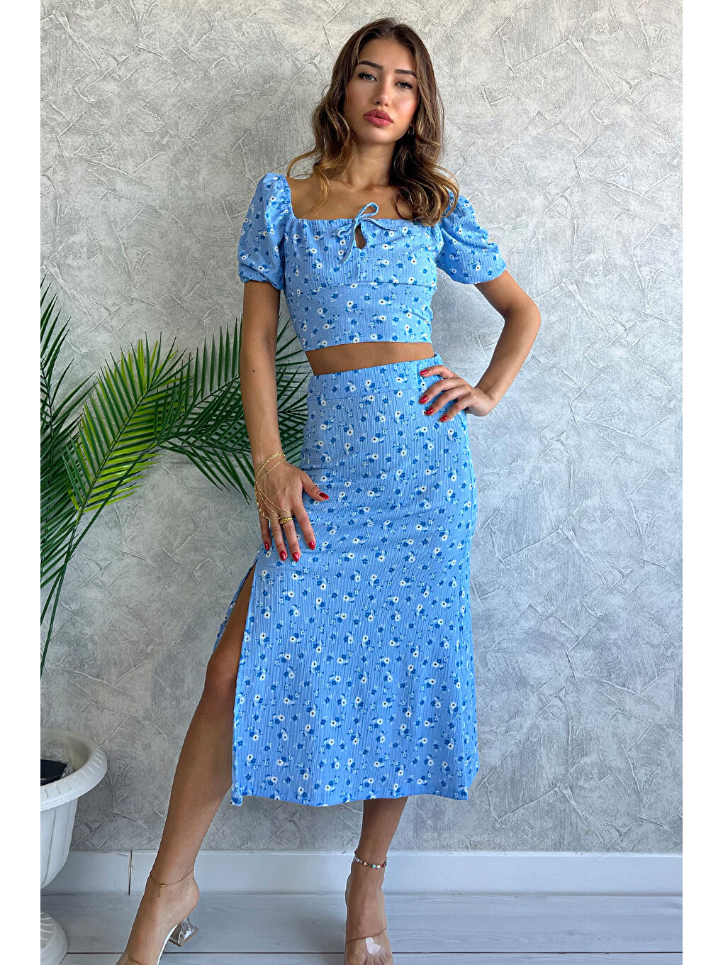 Mavi Desenli Bluz Etek Kadın İkili Takım