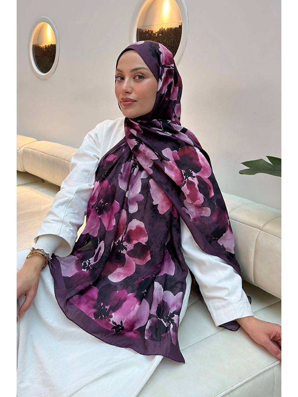 Batik Çiçek Desen Bambu Şal Mürdüm-1