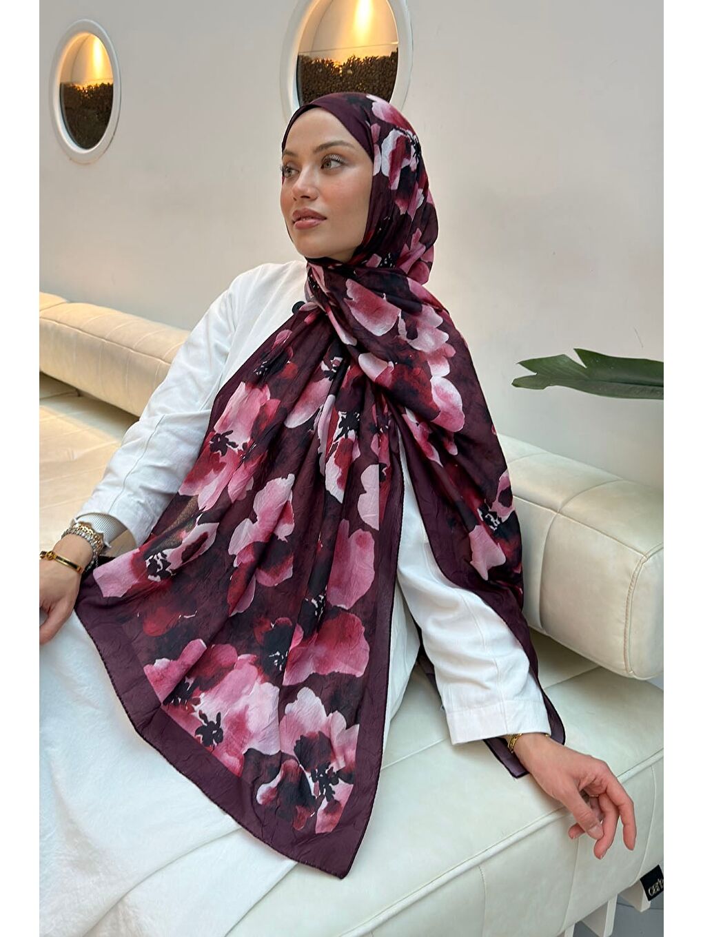 Batik Çiçek Desen Bambu Şal Bordo-2