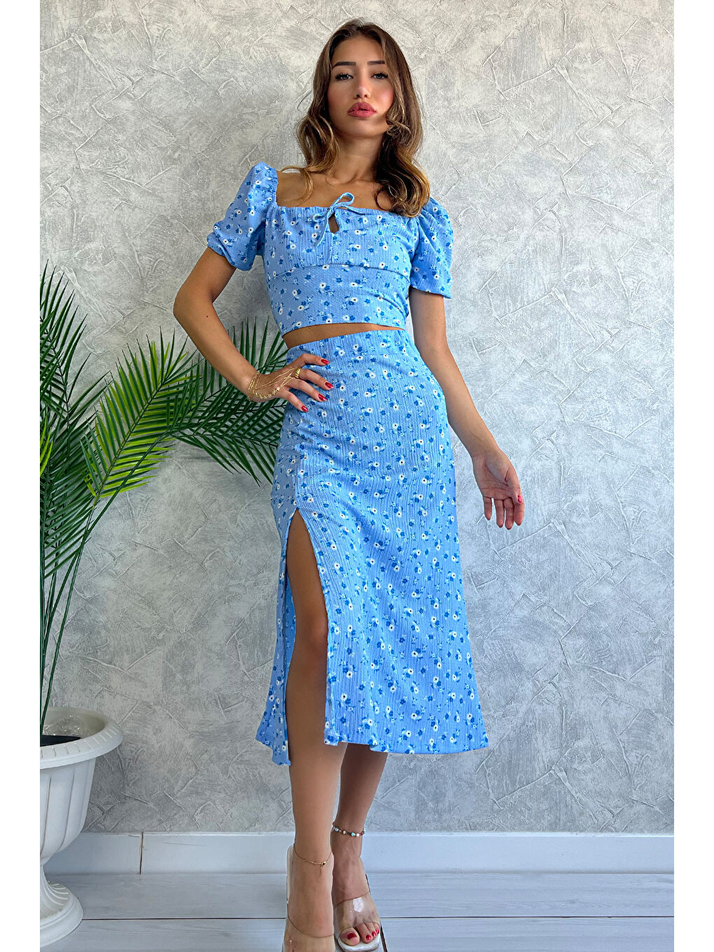Mavi Desenli Bluz Etek Kadın İkili Takım-1