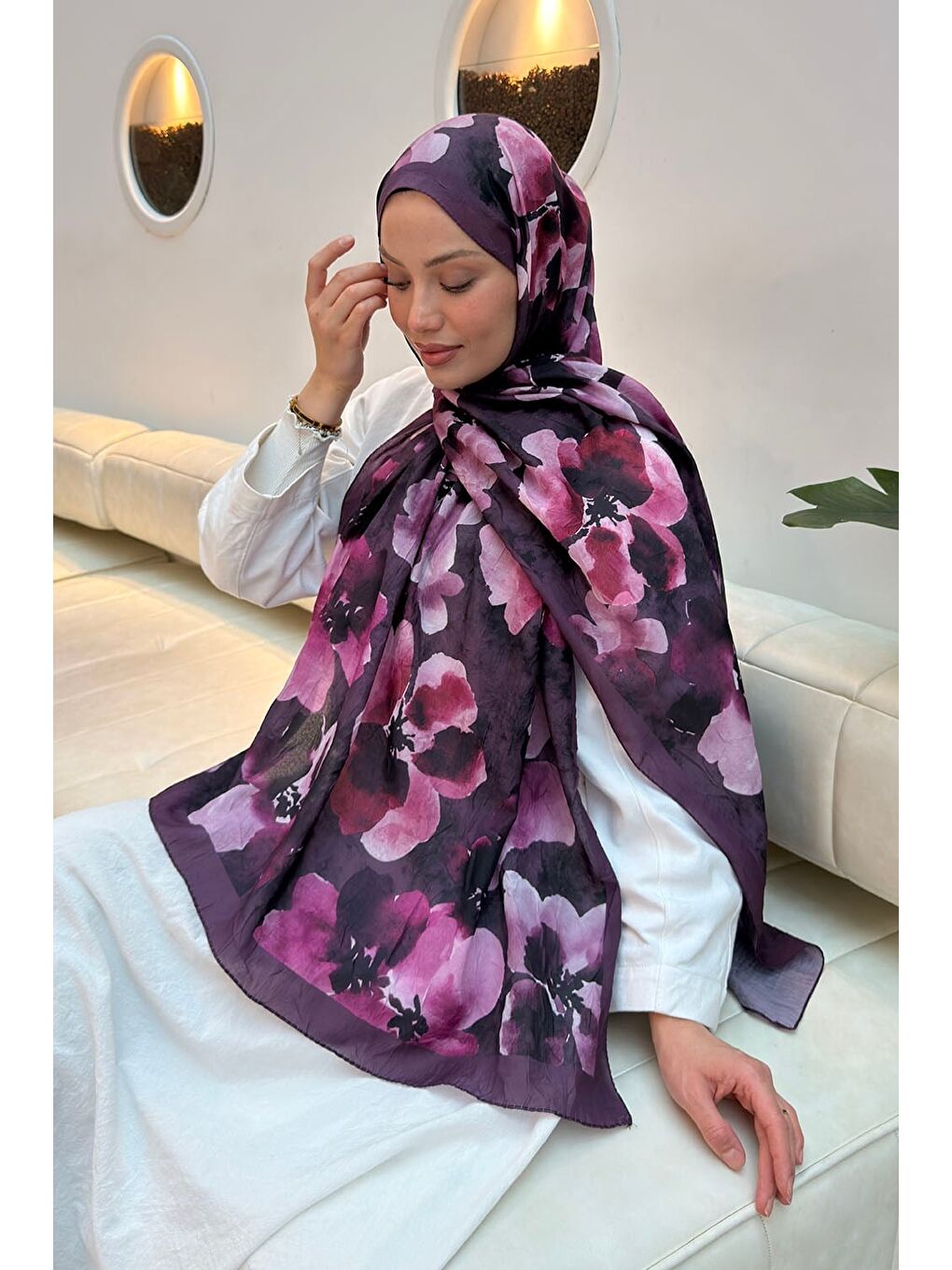 Batik Çiçek Desen Bambu Şal Mürdüm-2