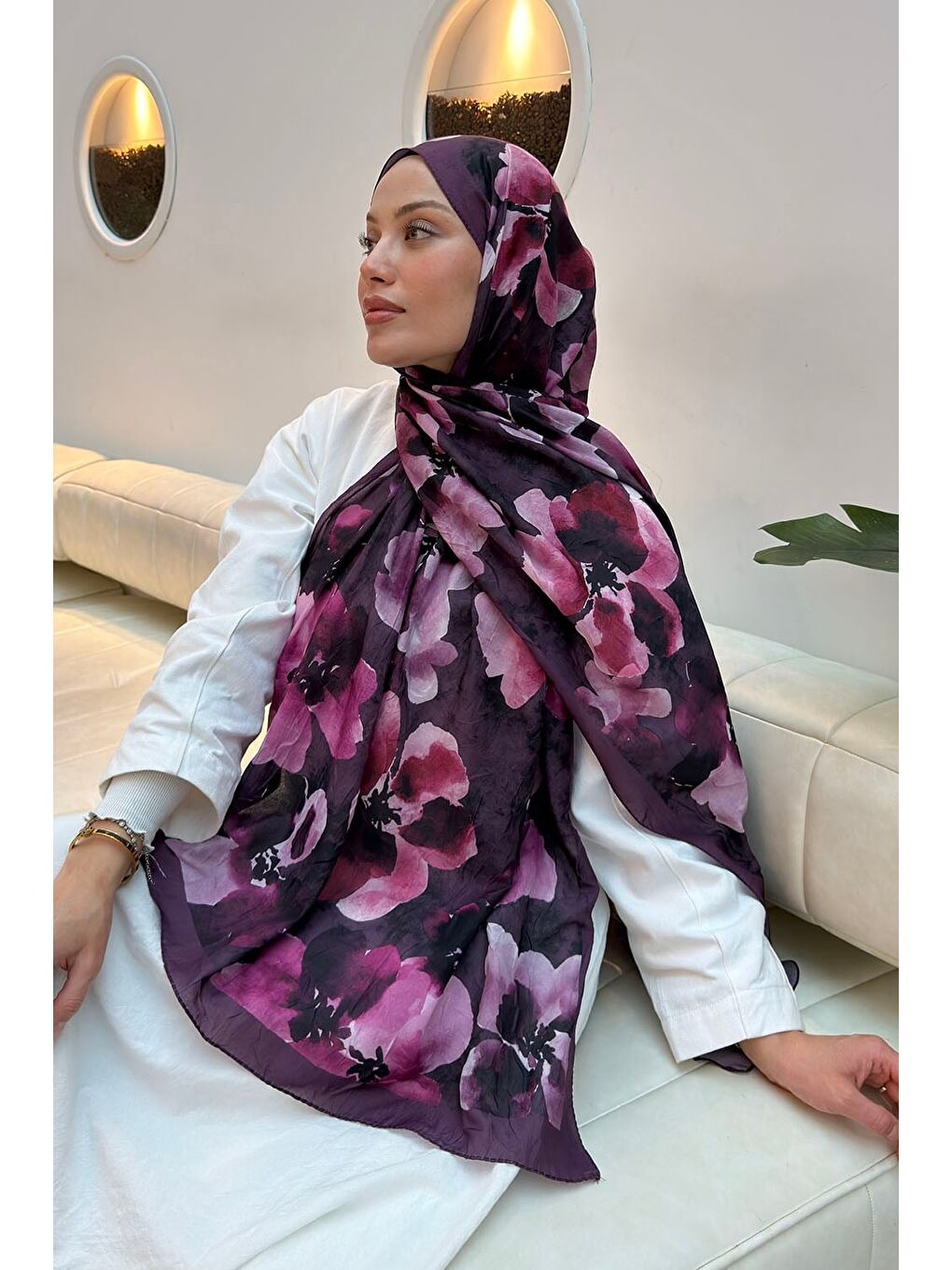 Batik Çiçek Desen Bambu Şal Mürdüm-3