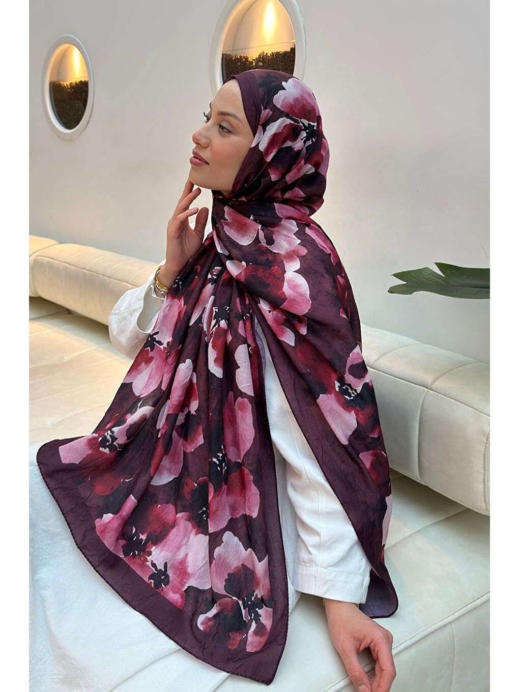 Batik Çiçek Desen Bambu Şal Bordo-3