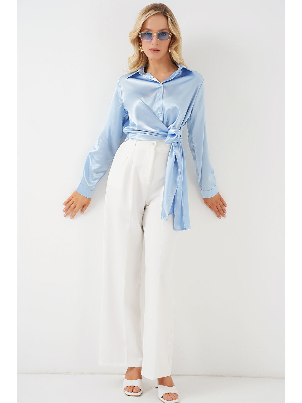 Kadın Bağlamalı Uzun Kol Saten Gömlek 20287 - Mavi-1