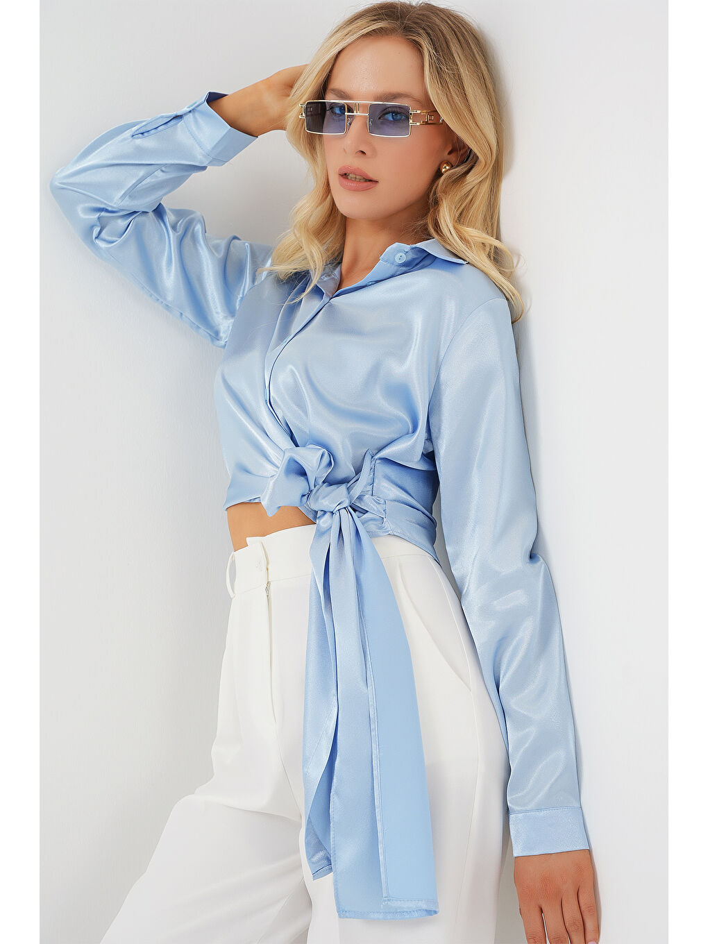 Kadın Bağlamalı Uzun Kol Saten Gömlek 20287 - Mavi-2