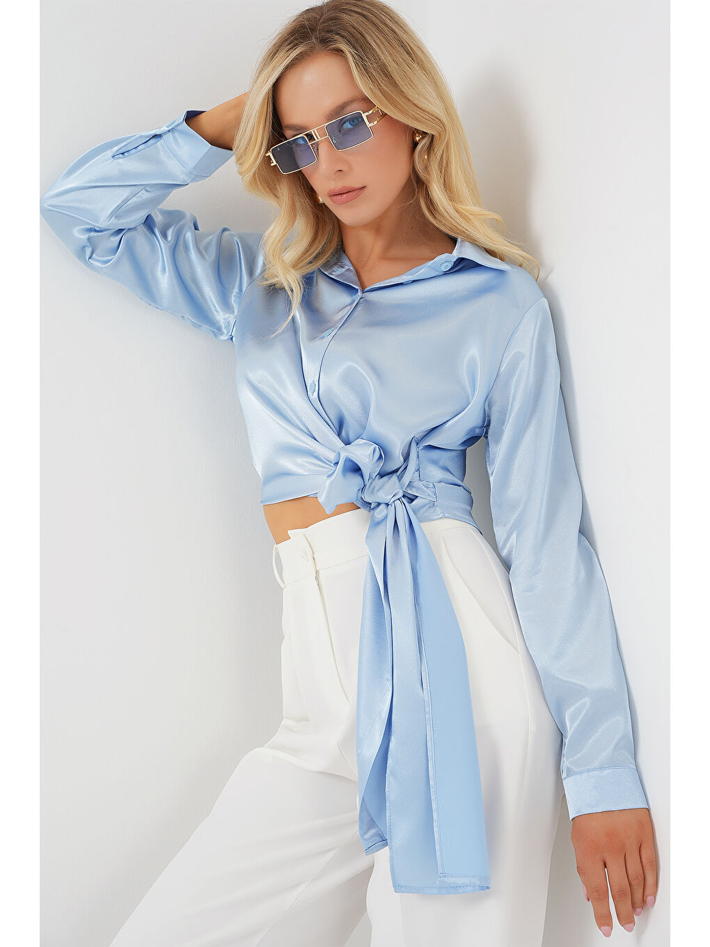 Kadın Bağlamalı Uzun Kol Saten Gömlek 20287 - Mavi-3