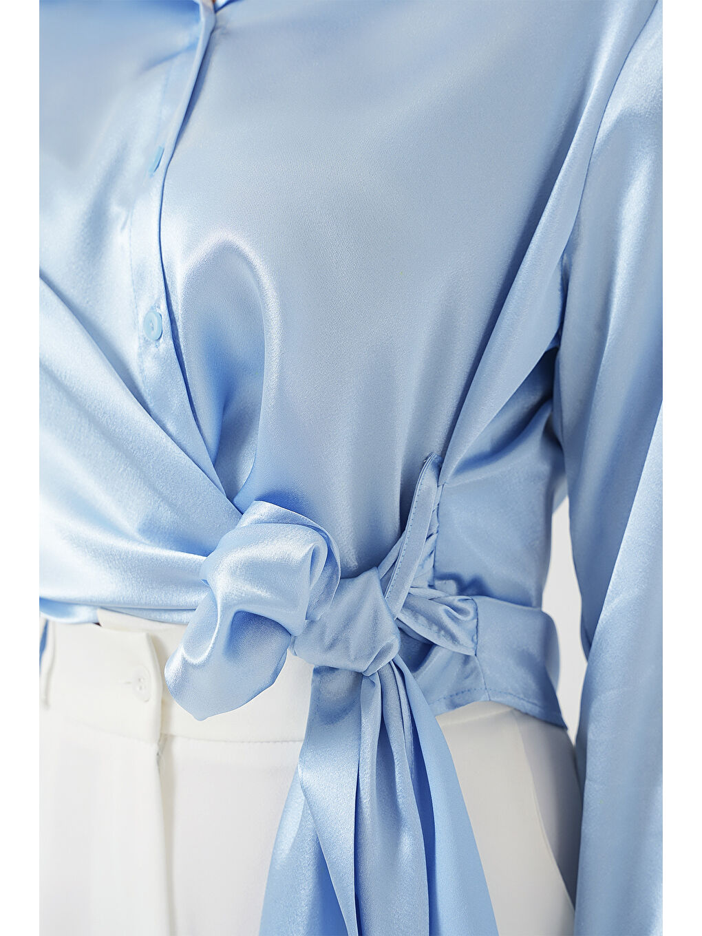 Kadın Bağlamalı Uzun Kol Saten Gömlek 20287 - Mavi-4