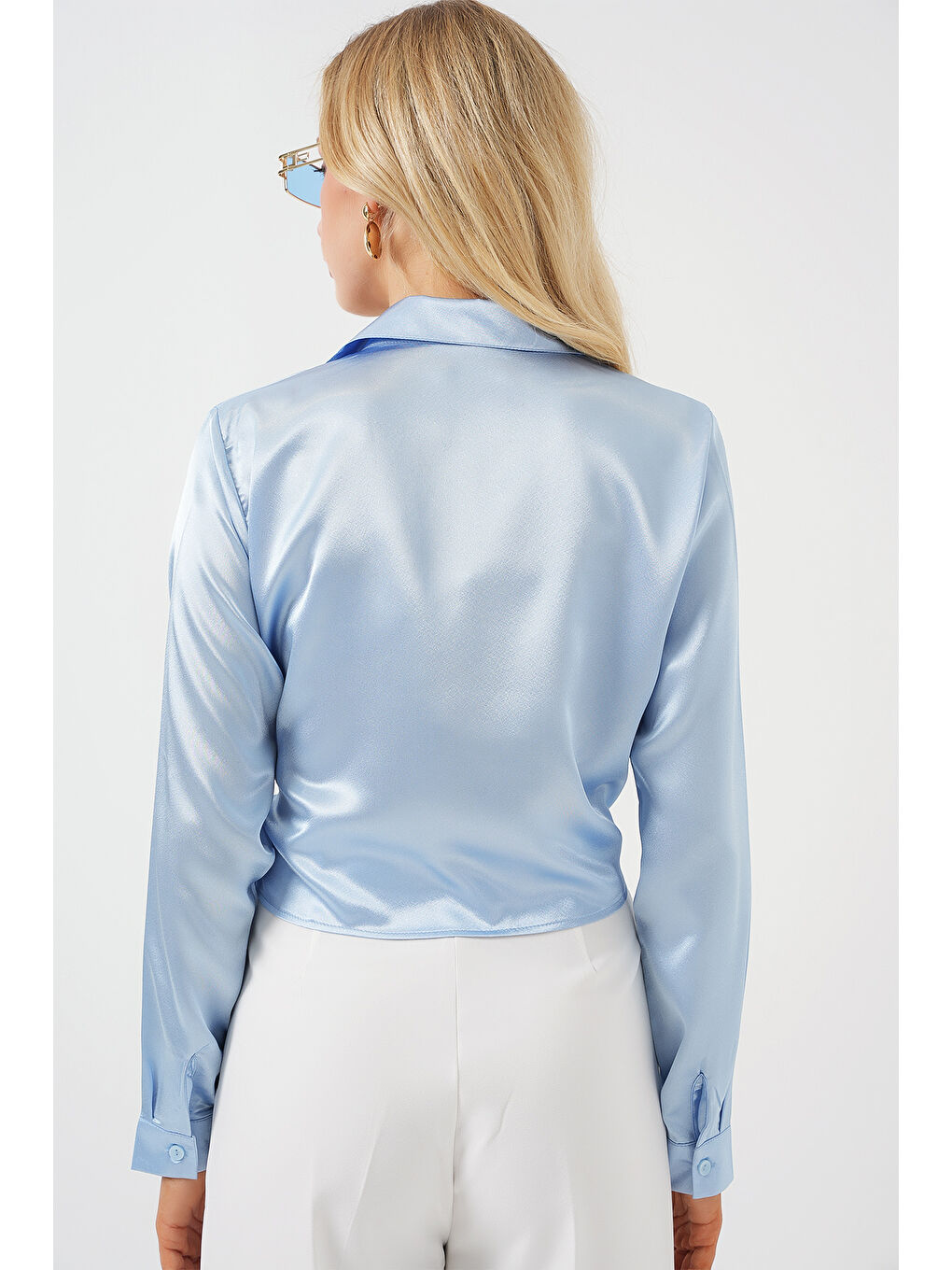 Kadın Bağlamalı Uzun Kol Saten Gömlek 20287 - Mavi-5