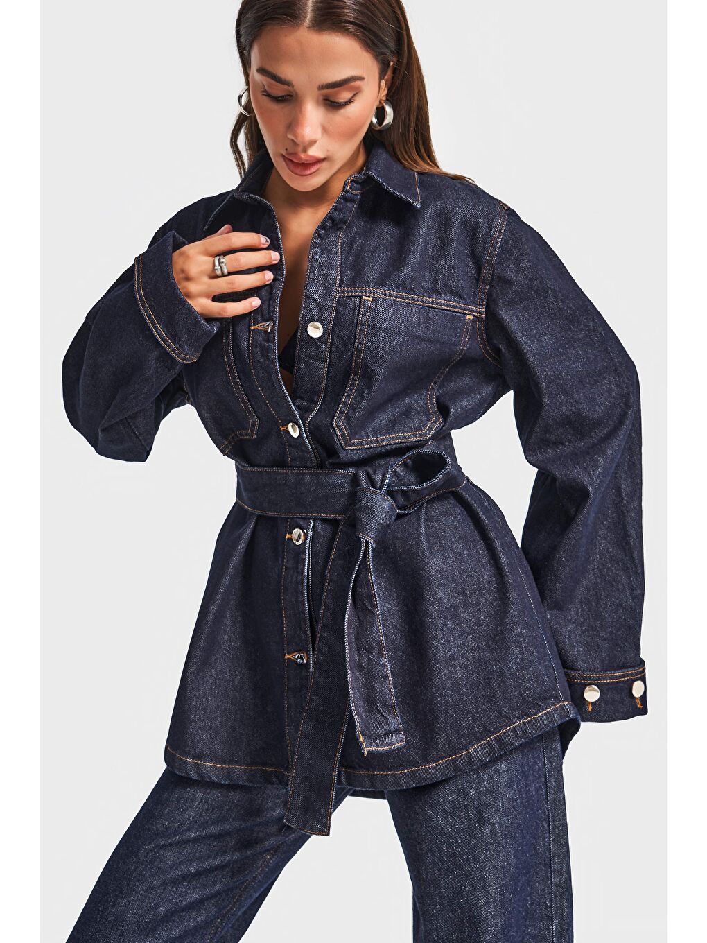 Kadın İndigo Renk 7w5-50 Kemer Detaylı %100 Pamuk Denim Trençkot