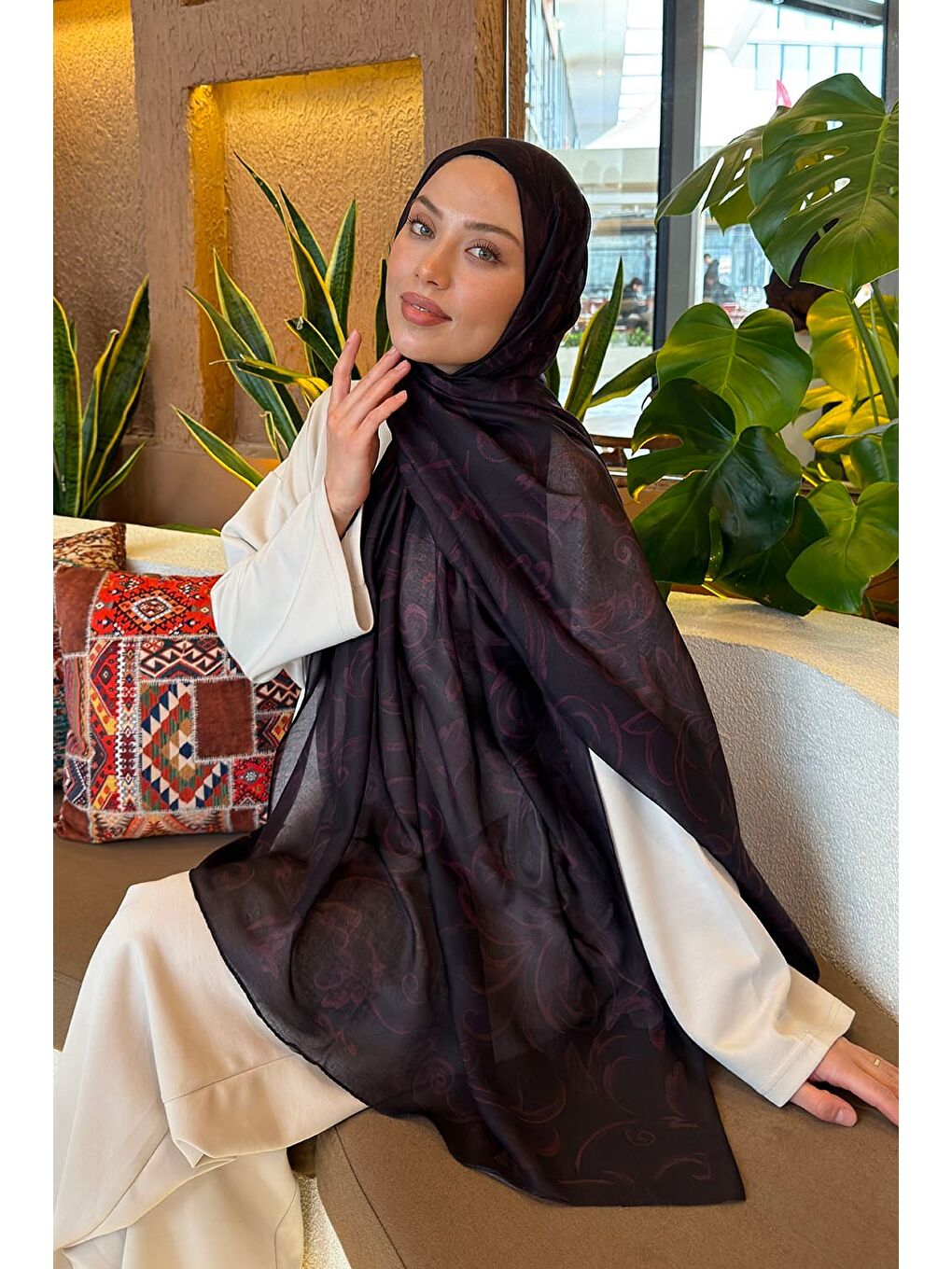 Etnik Desen Ferah Şal Mürdüm-1