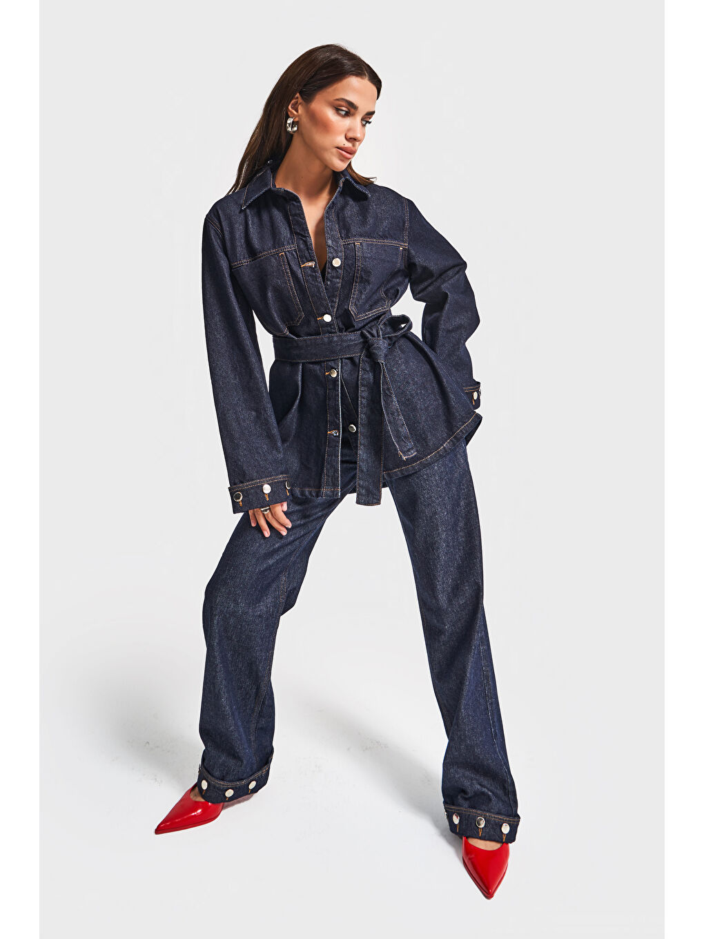 Kadın İndigo Renk 7w5-50 Kemer Detaylı %100 Pamuk Denim Trençkot-1