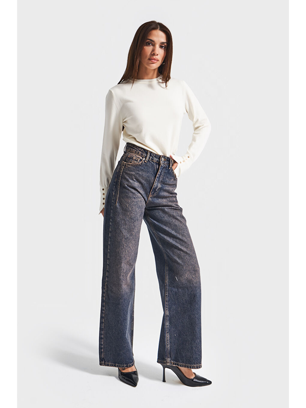 Mavi Kadın Koyu Tint Renk Olea 2w5-10 Wide Leg Fit Yüksek Bel İç Boy 77cm %100 Pamuk Denim Jean-1