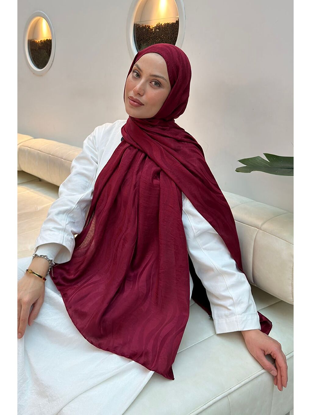 Shine Desen Ayrobin Floş Jakar Şal Bordo