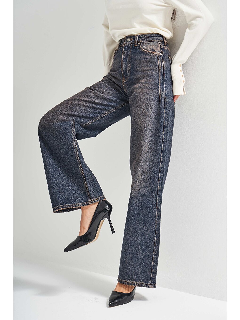 Mavi Kadın Koyu Tint Renk Olea 2w5-10 Wide Leg Fit Yüksek Bel İç Boy 77cm %100 Pamuk Denim Jean-2