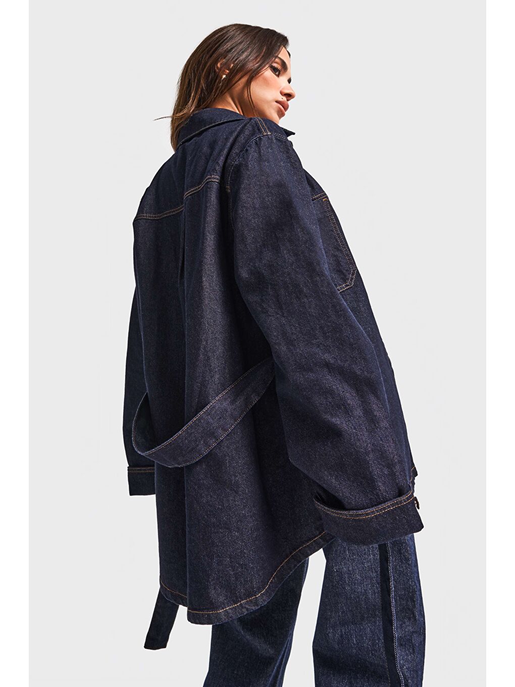 Kadın İndigo Renk 7w5-50 Kemer Detaylı %100 Pamuk Denim Trençkot-2