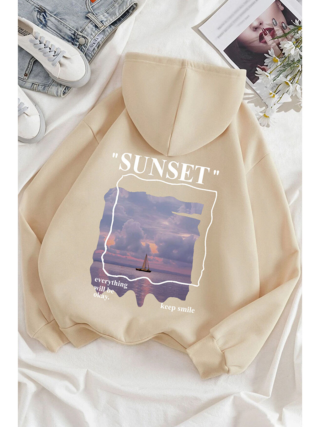 uyguntarz Bej Unisex Sunset Baskılı Sweatshirt - 1