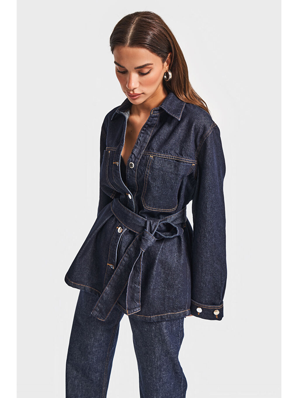 Kadın İndigo Renk 7w5-50 Kemer Detaylı %100 Pamuk Denim Trençkot-3