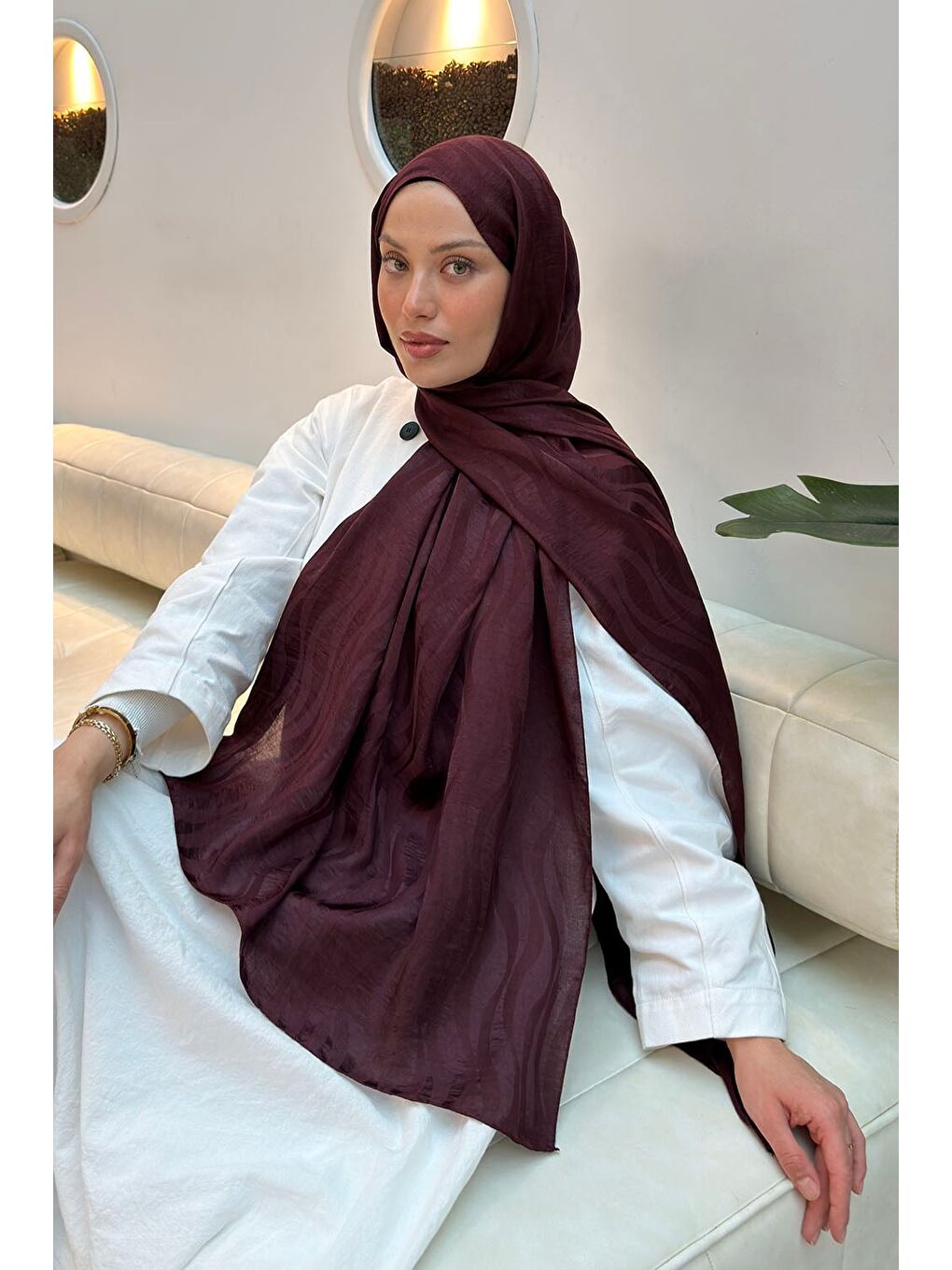 Shine Desen Ayrobin Floş Jakar Şal Koyu Bordo