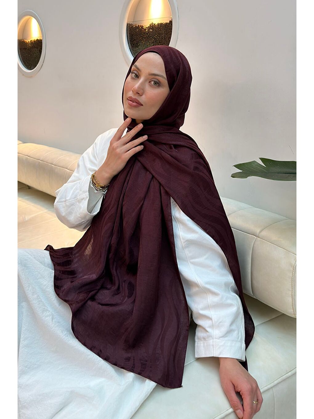 Shine Desen Ayrobin Floş Jakar Şal Koyu Bordo-1