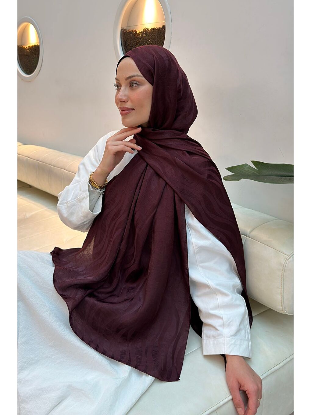 Shine Desen Ayrobin Floş Jakar Şal Koyu Bordo-2