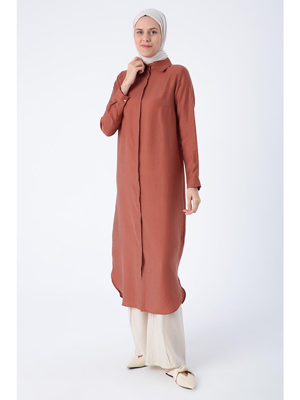Kahverengi Tarçın Gizli Patlı Basic Uzun Gömlek Tunik-2