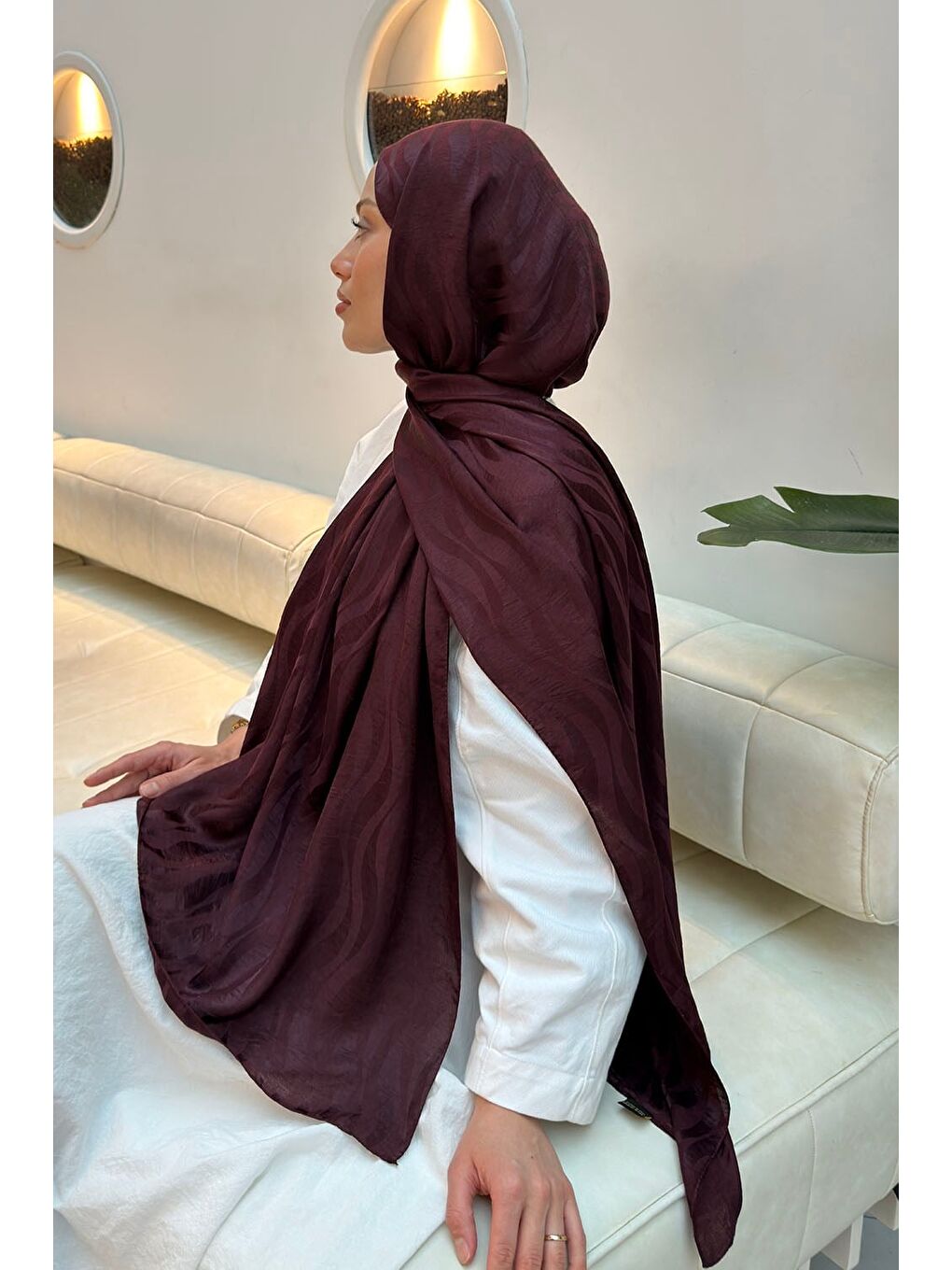 Shine Desen Ayrobin Floş Jakar Şal Koyu Bordo-3