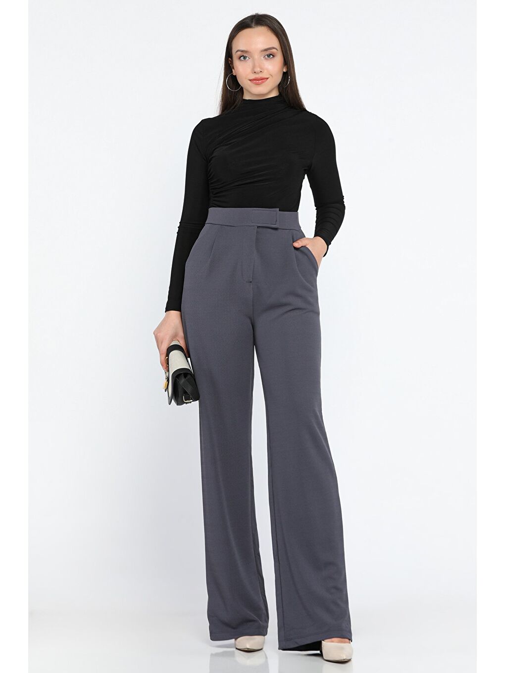 Gri Kadın Yüksek Bel Cırtlı Bol Paça Palazzo Pantolon