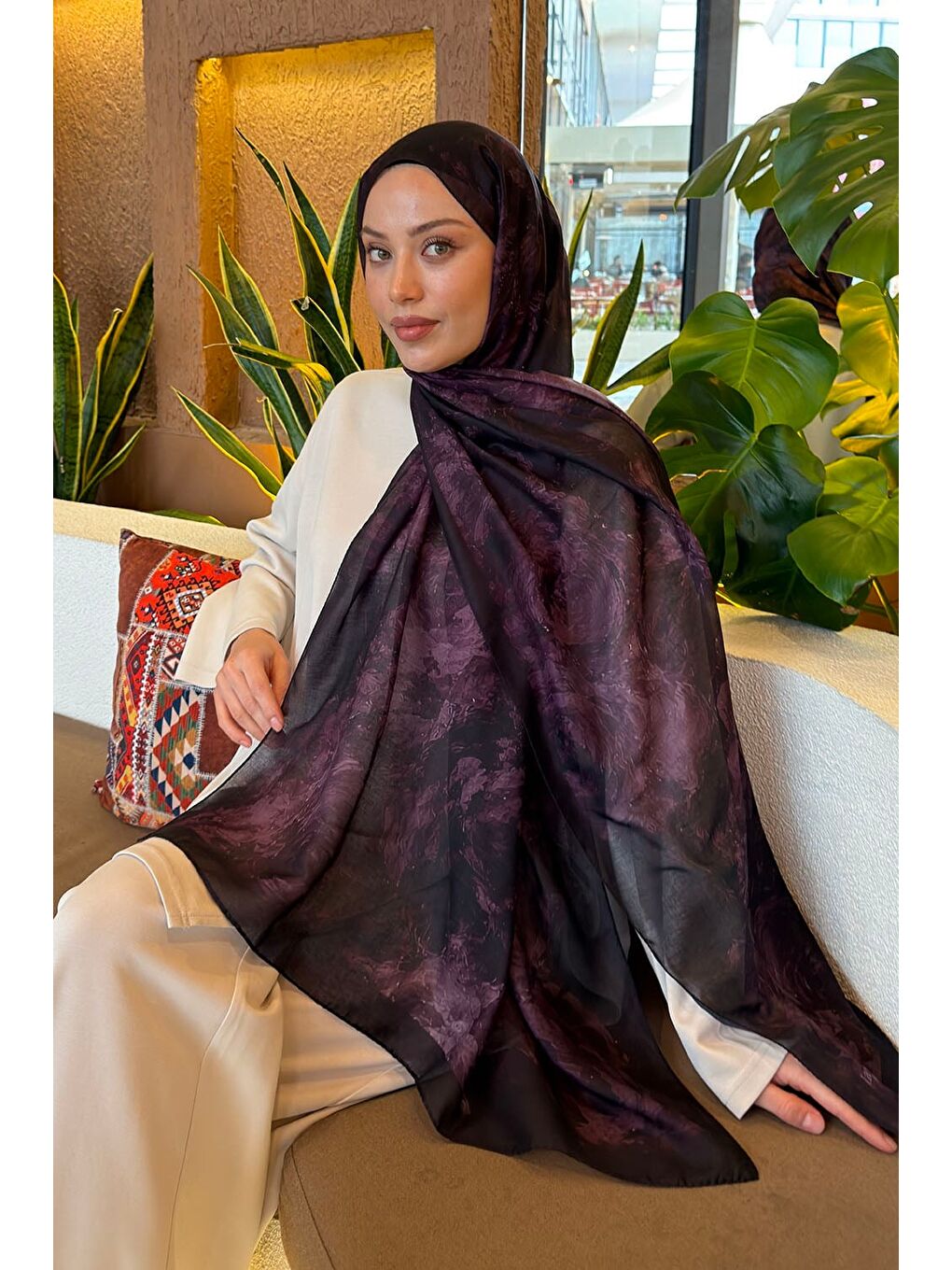 Gül Çiçek Desen Ferah Şal Mürdüm