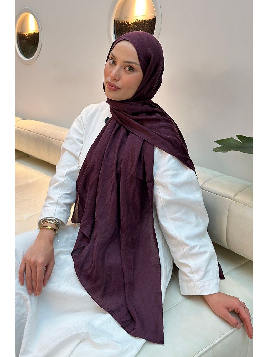 Shine Desen Ayrobin Floş Jakar Şal Mürdüm-1