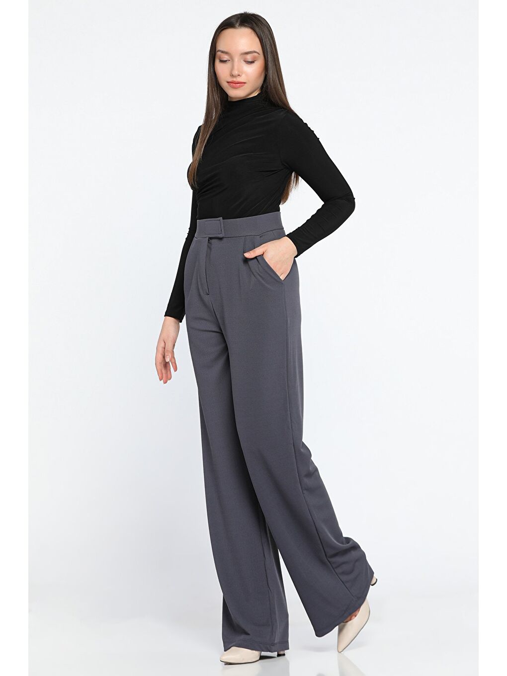 Gri Kadın Yüksek Bel Cırtlı Bol Paça Palazzo Pantolon-1
