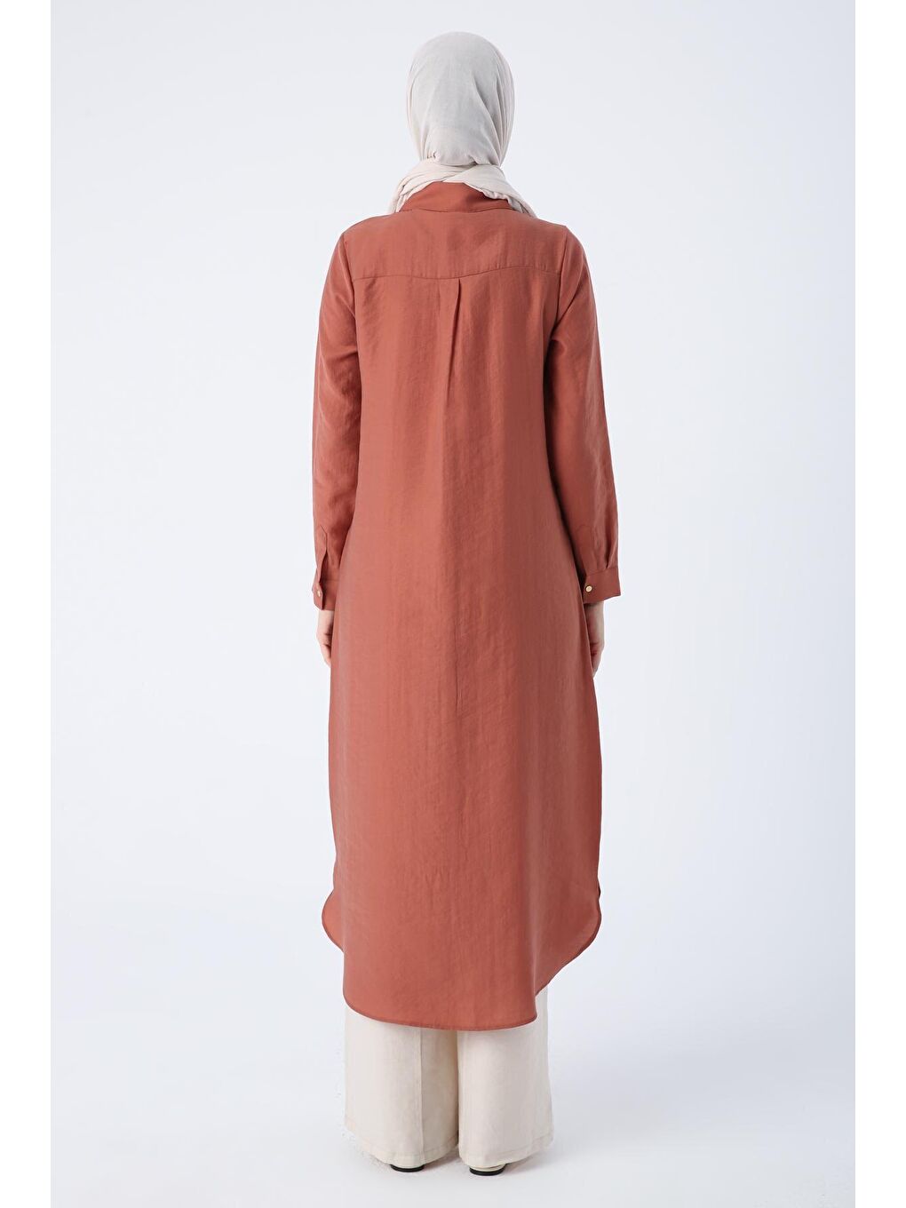 Kahverengi Tarçın Gizli Patlı Basic Uzun Gömlek Tunik-3