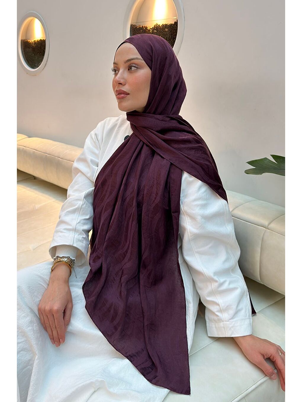 Shine Desen Ayrobin Floş Jakar Şal Mürdüm-2