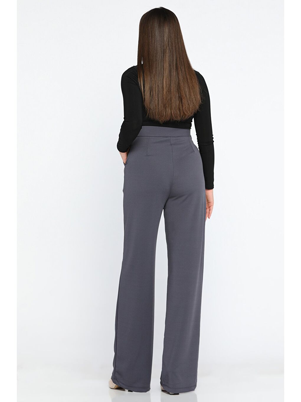 Gri Kadın Yüksek Bel Cırtlı Bol Paça Palazzo Pantolon-2