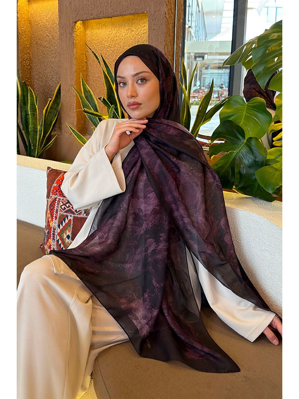 Gül Çiçek Desen Ferah Şal Mürdüm-1