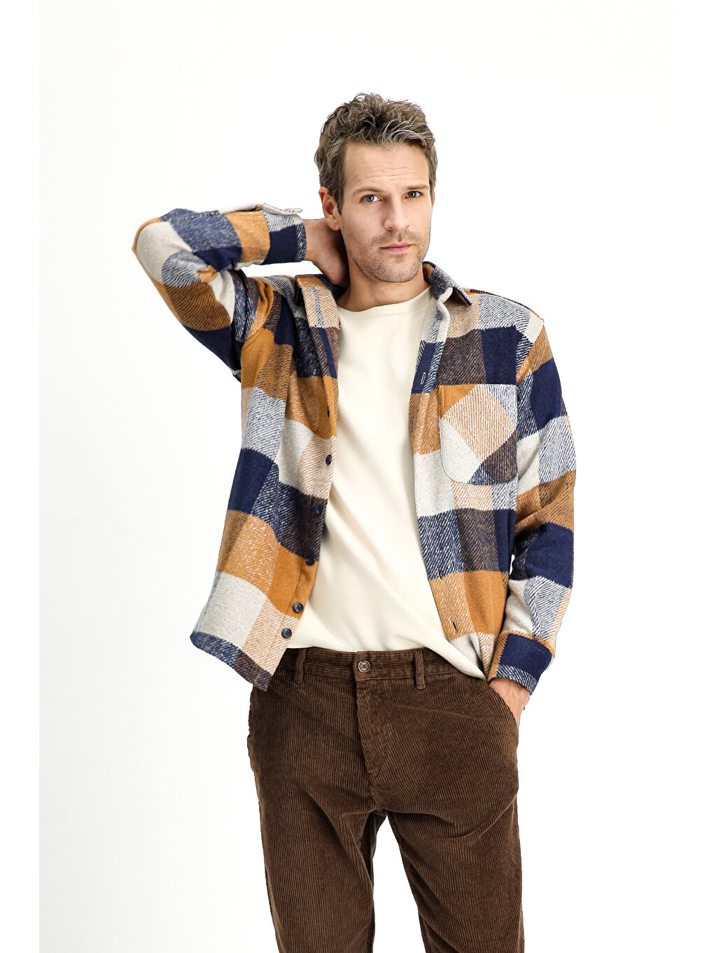 Kahverengi Uzun Kol Oversize Ekose Shacket Oduncu Pamuklu Gömlek / Mont