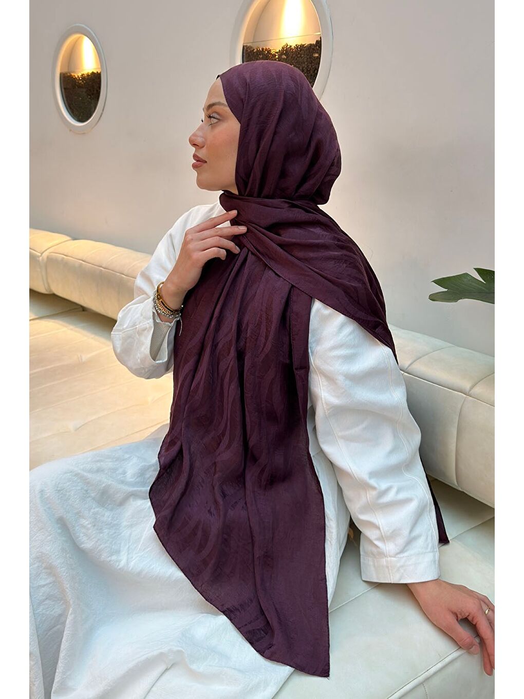 Shine Desen Ayrobin Floş Jakar Şal Mürdüm-3