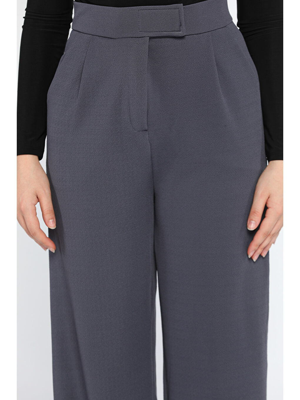 Gri Kadın Yüksek Bel Cırtlı Bol Paça Palazzo Pantolon-3