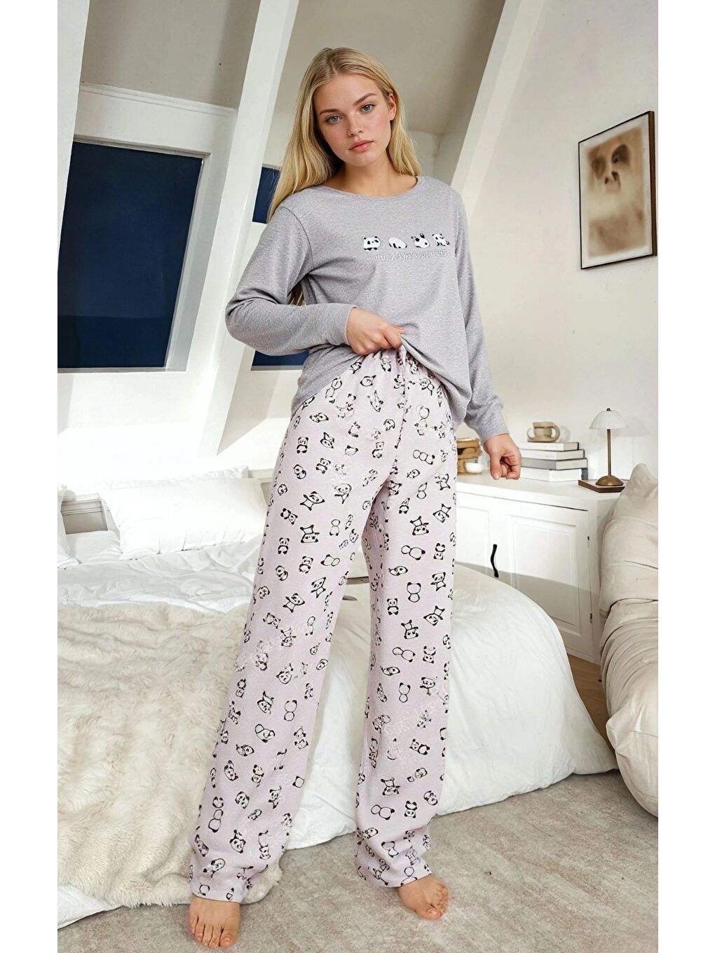 Gri Panda Baskılı Uzun Kollu Pijama Takımı