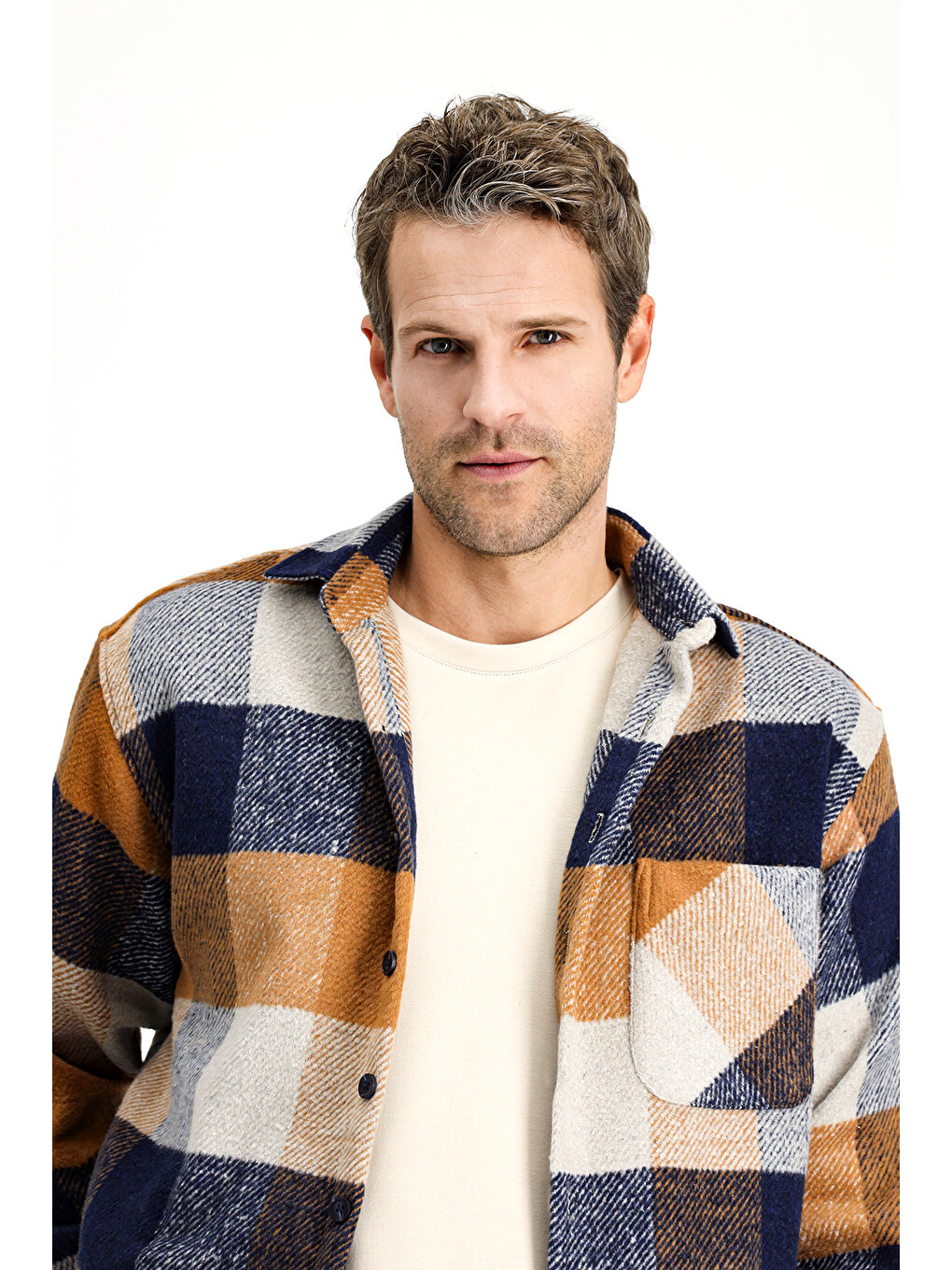 Kahverengi Uzun Kol Oversize Ekose Shacket Oduncu Pamuklu Gömlek / Mont-2