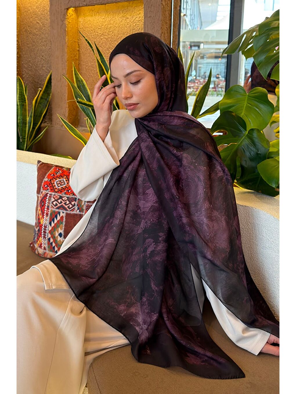 Gül Çiçek Desen Ferah Şal Mürdüm-2