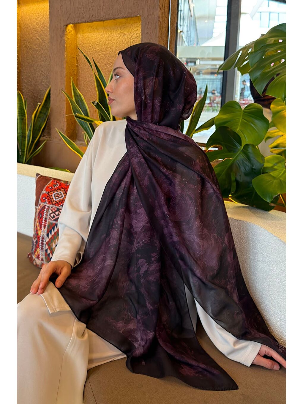 Gül Çiçek Desen Ferah Şal Mürdüm-3