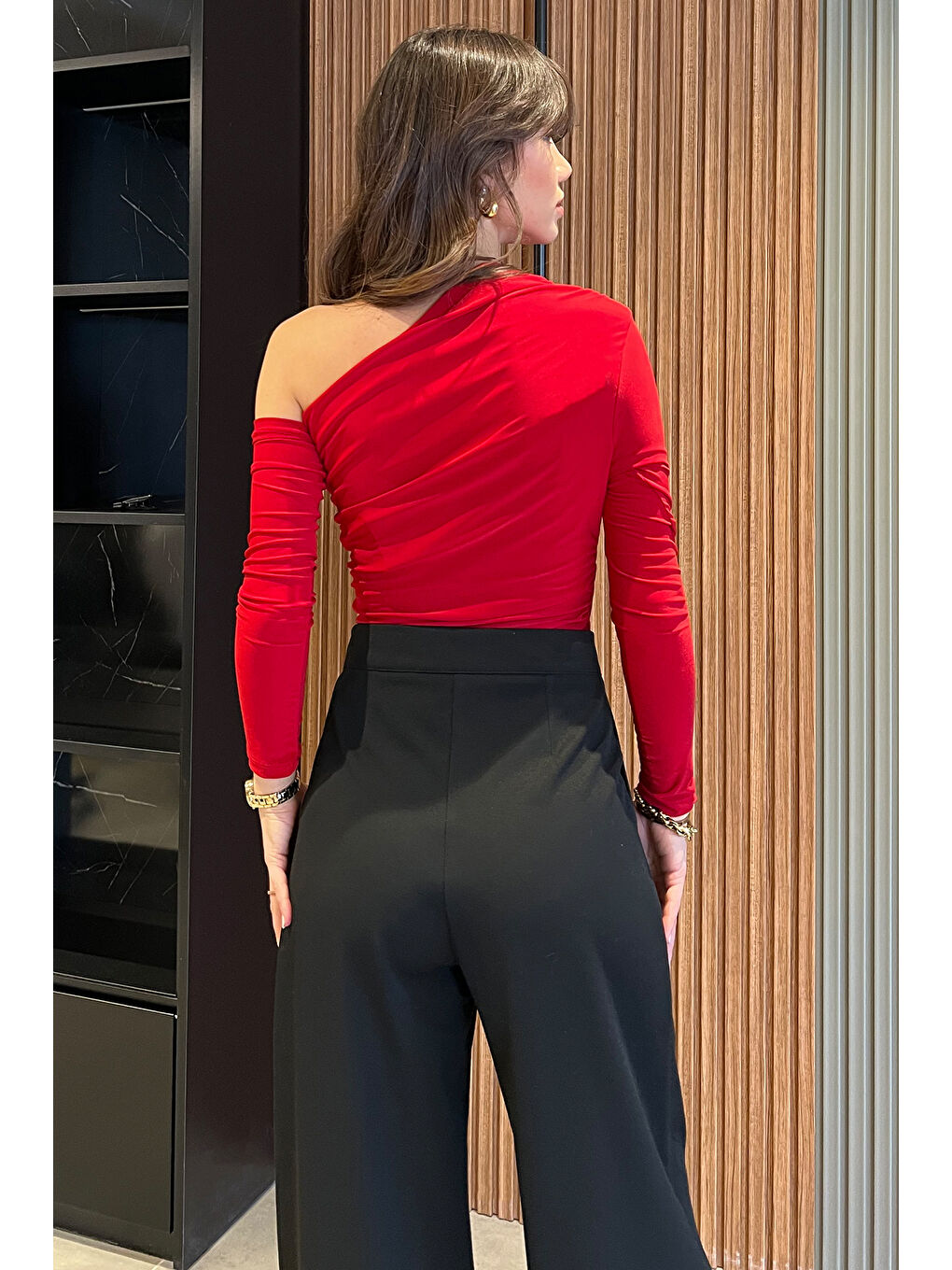 Kırmızı Kadın Omuz Ve Bel Drapeli Bluz-3