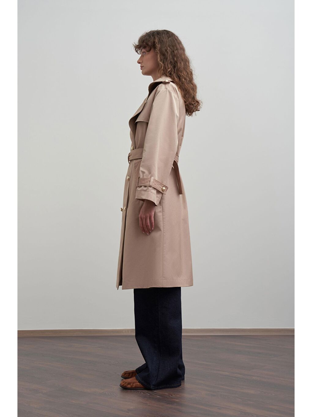 Bej-Kruvaze Rüzgarlıklı Uzun Trençkot-2