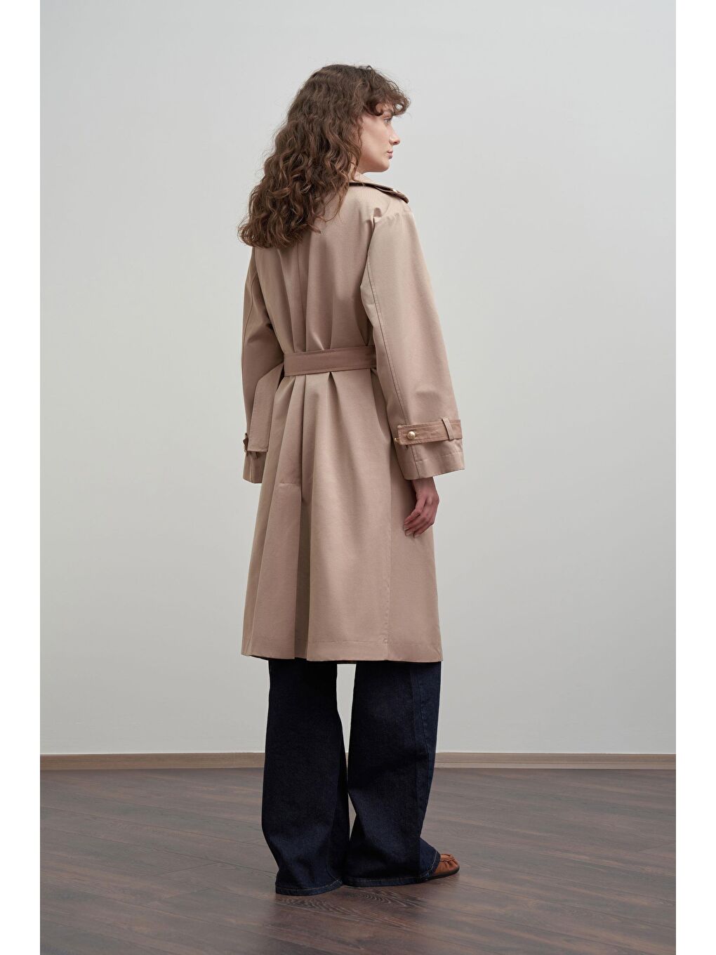 Bej-Kruvaze Rüzgarlıklı Uzun Trençkot-3
